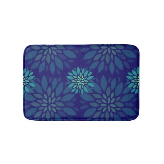 Modern Navy Blue and Green Floral Leaves Pattern バスマット (正面)