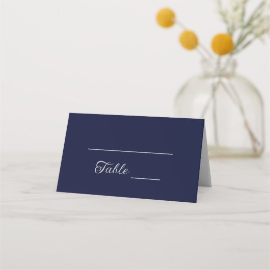 Modern Navy Blue and Silver Script Wedding  プレイスカード (正面)