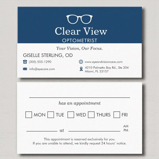 Modern Navy Blue Appointment Reminder Optometrist 予約カード