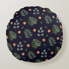Modern Navy Blue Botanical Leaf Round Pillow ラウンドクッション