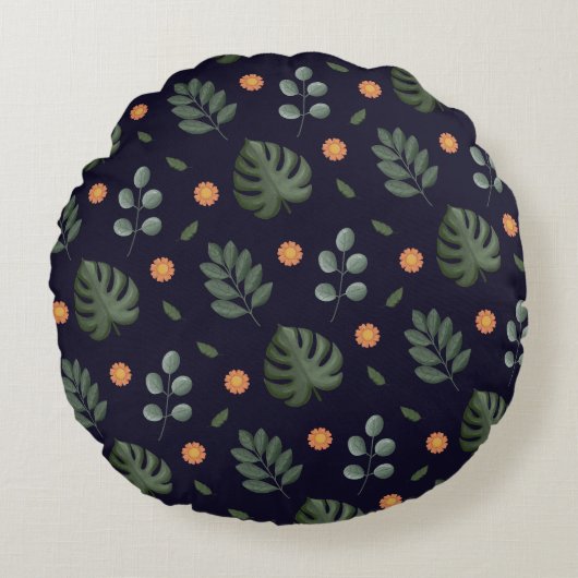 Modern Navy Blue Botanical Leaf Round Pillow ラウンドクッション (正面)