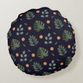 Modern Navy Blue Botanical Leaf Round Pillow ラウンドクッション (裏面)