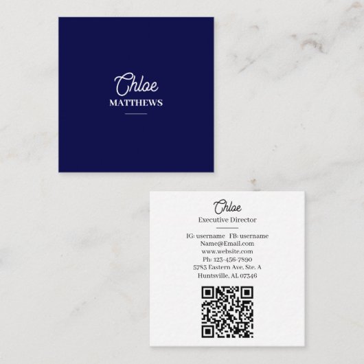 Modern Navy Blue Business Card with QR Code スクエア名刺 (正面/裏面)