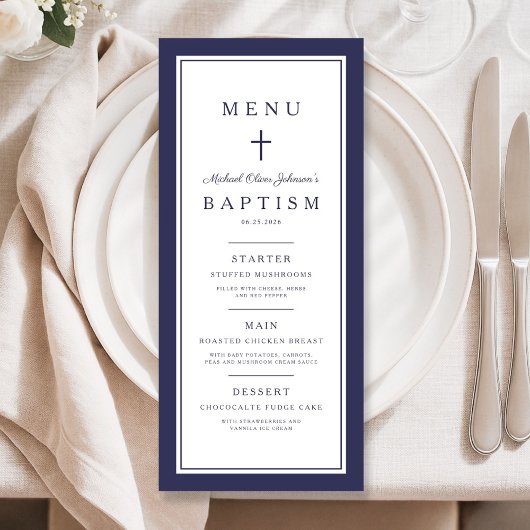 Modern Navy Blue Cross Boy Baptism メニュー
