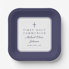 Modern Navy Blue Cross Boy First Communion ペーパープレート