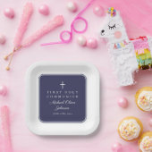 Modern Navy Blue Cross Boy First Communion ペーパープレート (パーティー)