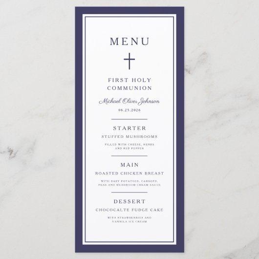 Modern Navy Blue Cross Boy First Communion メニュー (正面)