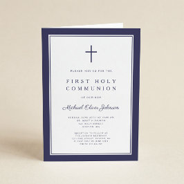 Modern Navy Blue Cross Boy First Holy Communion 招待状