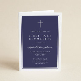 Modern Navy Blue Cross Boy First Holy Communion 招待状