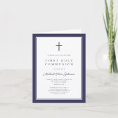 Modern Navy Blue Cross Boy First Holy Communion 招待状 (正面)