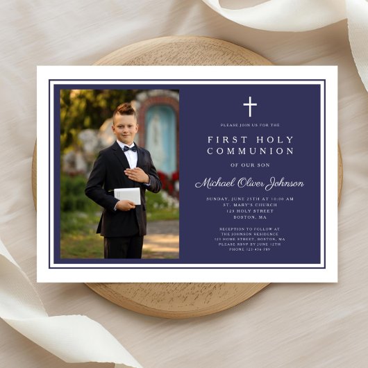 Modern Navy Blue Cross Boy Photo First Communion 招待状