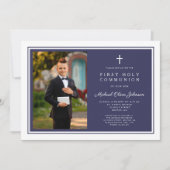 Modern Navy Blue Cross Boy Photo First Communion 招待状 (正面)
