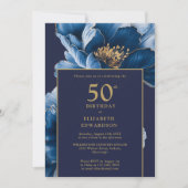 Modern Navy Blue Floral Elegant Birthday 招待状 (正面)