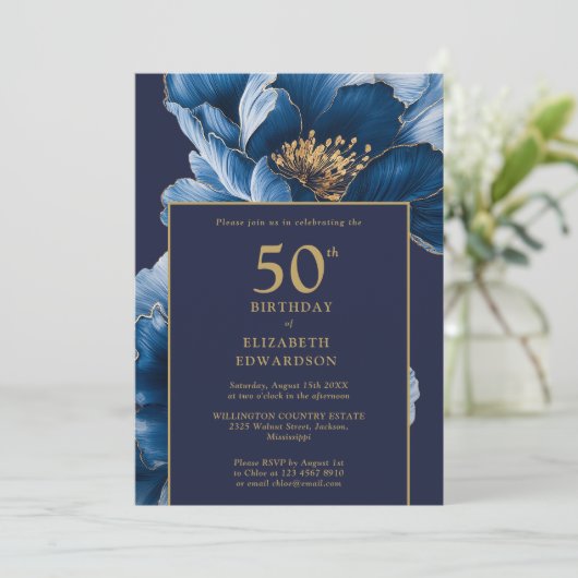 Modern Navy Blue Floral Elegant Birthday 招待状 (スタンド正面)