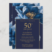Modern Navy Blue Floral Elegant Birthday 招待状 (正面/裏面)