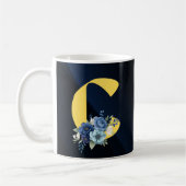 Modern Navy-Blue Floral Monogram Happy Birthday コーヒーマグカップ (左)