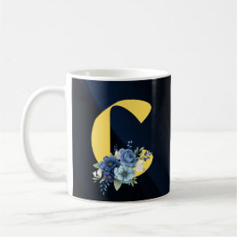 Modern Navy-Blue Floral Monogram Happy Birthday コーヒーマグカップ