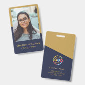 Modern Navy Blue Gold Employee Photo Company Logo  バッジ (正面＆裏面)