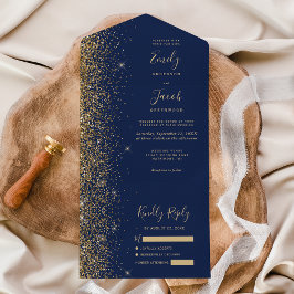 Modern Navy Blue Gold Glitter Wedding オールインワン招待状