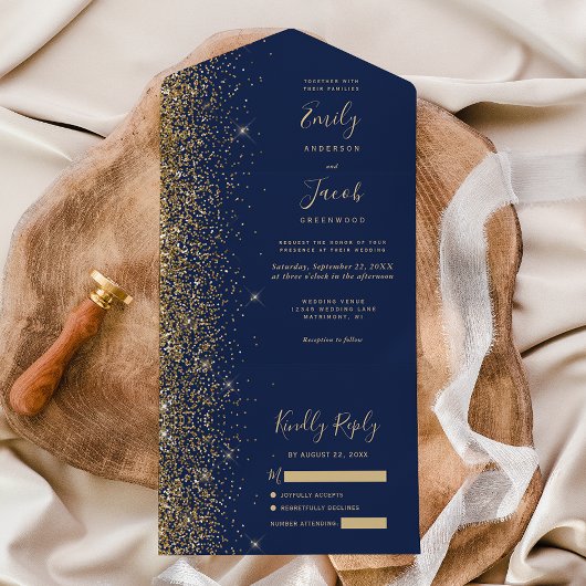 Modern Navy Blue Gold Glitter Wedding オールインワン招待状