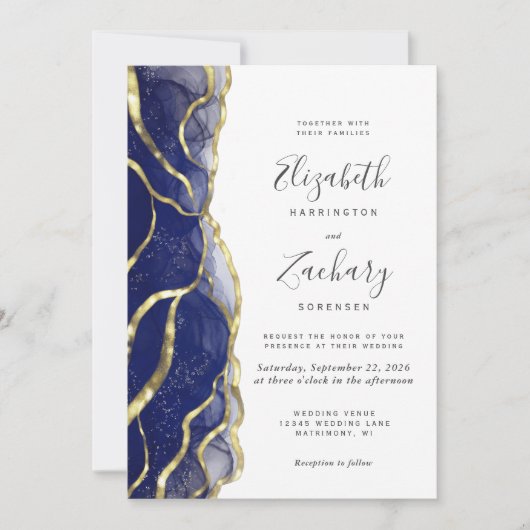 Modern Navy Blue Gold Ink Wedding Invitation 招待状 (正面)