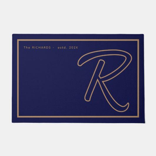 Modern Navy Blue Gold Monogram Script Family Name ドアマット (正面)