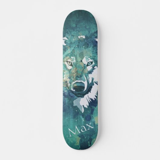 Modern navy blue green watercolor wolf スケートボード (正面)