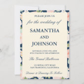 Modern Navy Blue Ivory Floral Monogram Wedding 招待状 (正面)