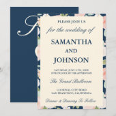 Modern Navy Blue Ivory Floral Monogram Wedding 招待状 (正面/裏面)