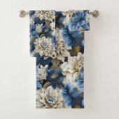 Modern Navy Blue Ivory Gold Floral Bath Towel バスタオルセット (インサイチュ)