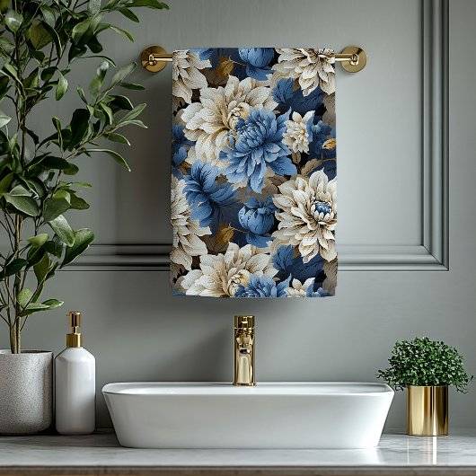Modern Navy Blue Ivory Gold Floral Bath Towel バスタオルセット