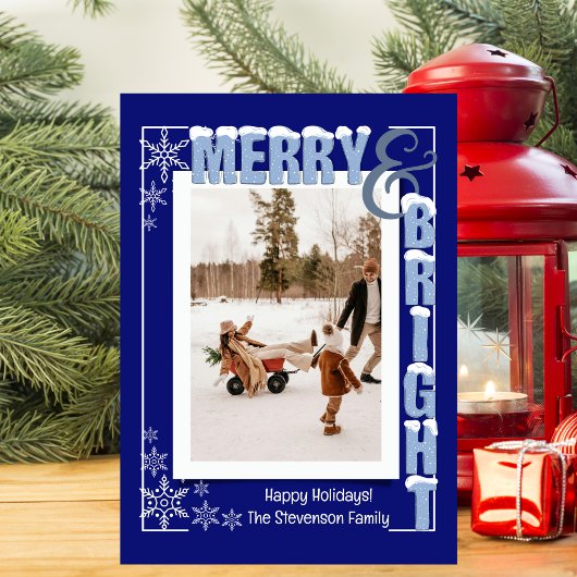 Modern Navy Blue Merry & Bright Retro Typography シーズンカード