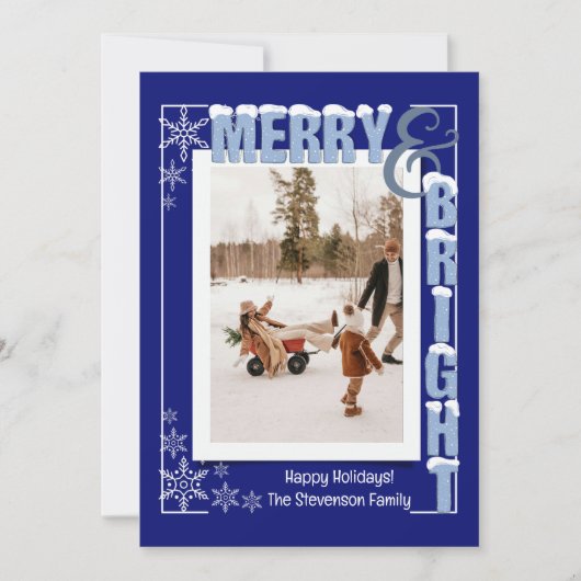 Modern Navy Blue Merry & Bright Retro Typography シーズンカード (正面)