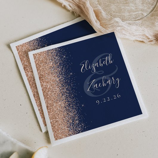 Modern Navy Blue Peach Glitter Wedding スタンダードカクテルナプキン