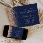 Modern Navy Blue Peach Glitter Wedding 招待状
