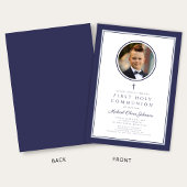 Modern Navy Blue Photo Boy First Communion 招待状