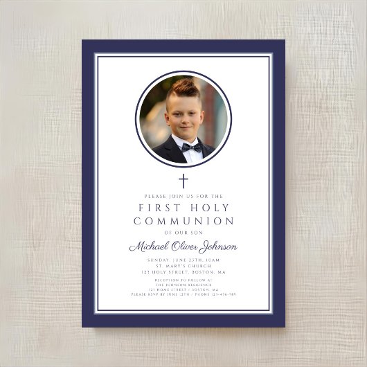 Modern Navy Blue Photo Boy First Communion 招待状