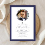 Modern Navy Blue Photo Boy First Communion 招待状