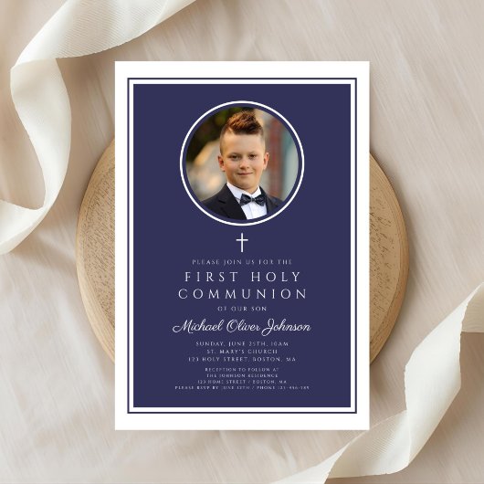 Modern Navy Blue Photo Boy First Communion 招待状