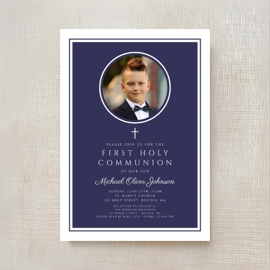Modern Navy Blue Photo Boy First Communion 招待状