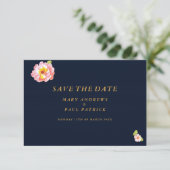 Modern navy blue pink coral floral Save The Date セーブザデート (スタンド正面)