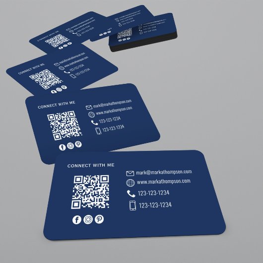 Modern Navy Blue QR Code Photo Networking 名刺