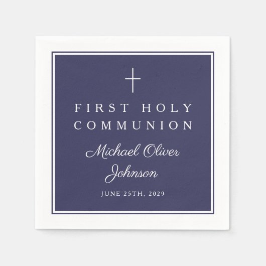 Modern Navy Blue Religious Boy First Communion スタンダードカクテルナプキン (正面)