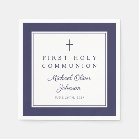 Modern Navy Blue Religious Boy First Communion スタンダードカクテルナプキン (正面)