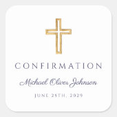 Modern Navy Blue Religious Cross Boy Confirmation スクエアシール (正面)