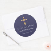 Modern Navy Blue Religious Cross Boy Confirmation ラウンドシール (封筒)