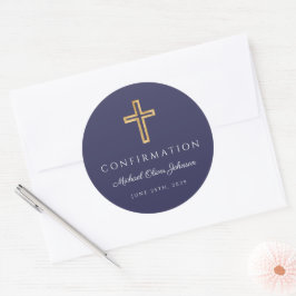 Modern Navy Blue Religious Cross Boy Confirmation ラウンドシール