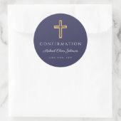Modern Navy Blue Religious Cross Boy Confirmation ラウンドシール (バッグ)