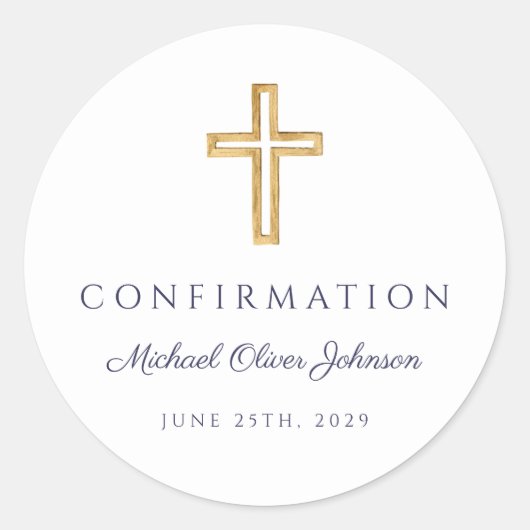 Modern Navy Blue Religious Cross Boy Confirmation ラウンドシール (正面)
