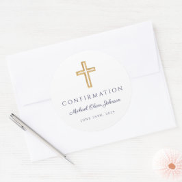 Modern Navy Blue Religious Cross Boy Confirmation ラウンドシール
